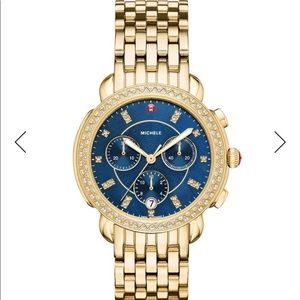 ISO Michele Gold Sidney Watch with Colbalt Blue Dial and Diamond Case